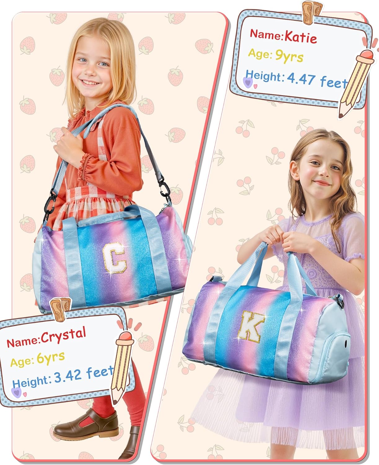 Girls Cheer Up Gifts-Girl Gym Bag with Shoe Compartment, Kid Personalized Weekender Overnight Bags, Initial Travel Tote with Makeup Pouch, Graduation Gift for Niece Kids Daughter (Letter K)