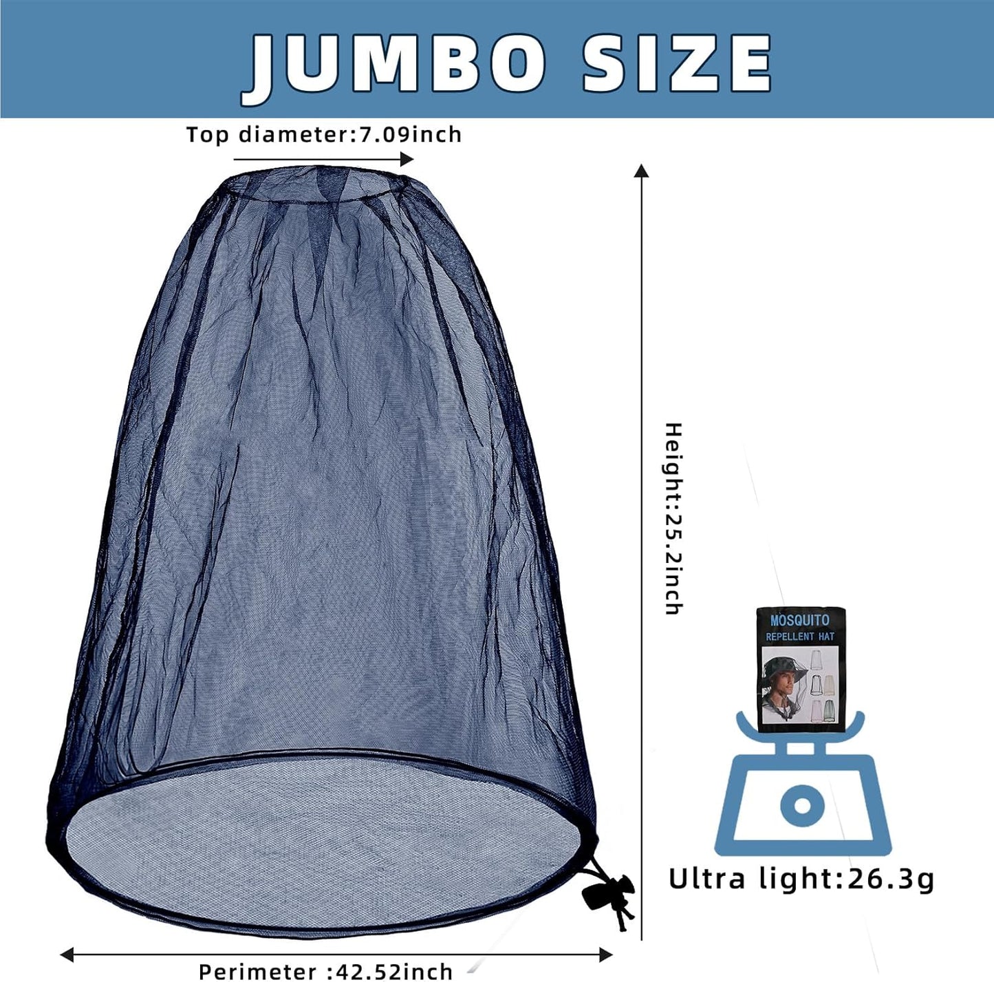 Oversized Mosquito Net 42 x 25 Inches Ultra Large Mosquito Head Net Face Neck Fly Mesh Netting Fits All Hats for Outdoor Camping Hiking Fishing Gardening Safari(Navy Blue)