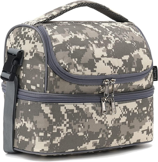 FlowFly Kids Double Decker Cooler Insulated Lunch Bag Large Tote for Boys, Girls, Men, Women, With Adjustable Strap, Digital Camo