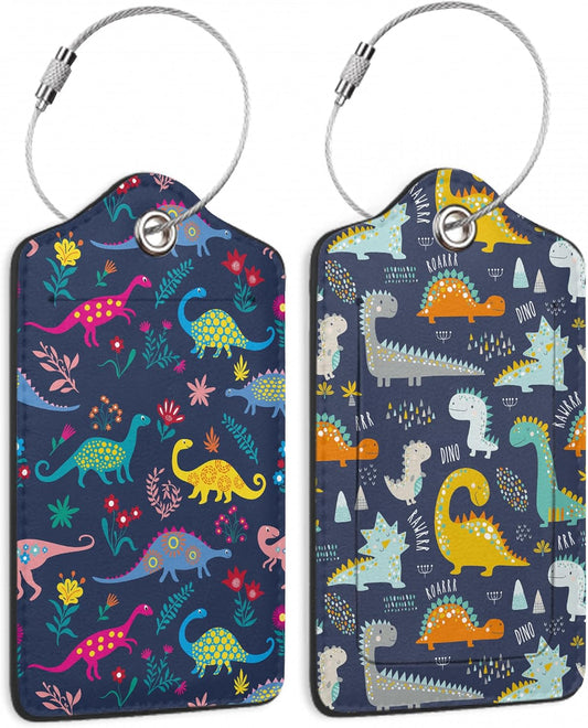 Set of 2 Luggage Tags for Suitcases, Leather Cute Cartoon Dinosaur Baggage Tags with Stainless Steel Loop, Privacy Name ID Card Cover Kawaii Travel Labels for Women Men Kids Girls