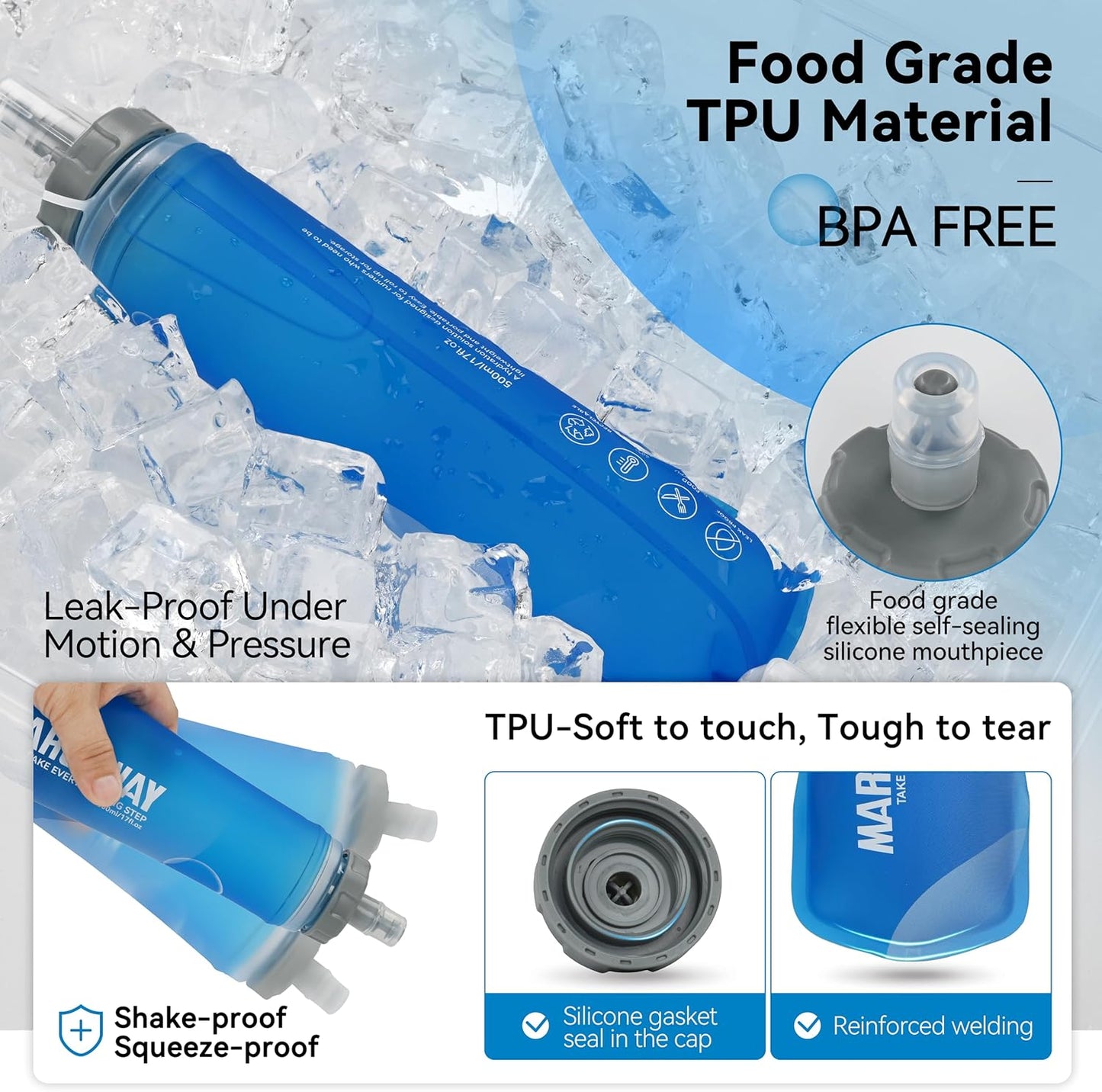 MARCHWAY Soft Hydration Flask with Wide Mouth, 300ml/500ml Collapsible TPU Water Bottle, Leakproof Portable Flexible for Running, Hiking, Cycling, Climbing, Gym, Travel (2pcs Dark Blue 500ml)