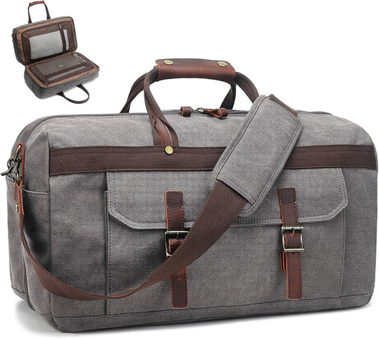 Duffle Bag for Men Waterproof Genuine Leather Canvas Travel Duffel Bags for Women Overnight Weekender Bag for Traveling