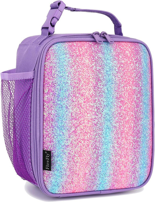 FlowFly Lunch box Insulated Soft Bag Mini Cooler Back to School Thermal Meal Tote Kit for Girls, Boys,Purple#Glitter