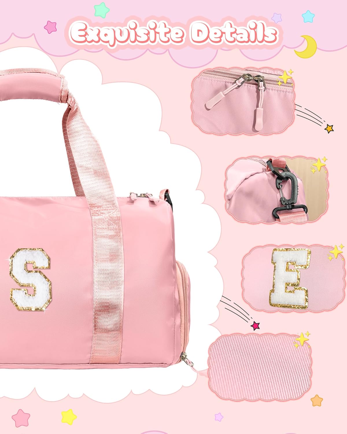 Gifts for 3 4 5 6 7 8 9 Year Old Girls-Girl Gym Bag with Shoe Compartment, Kid Weekender Overnight Bags, Initial Travel Tote with Makeup Pouch, 10 Year Old Girl Birthday Gifts Teen (Letter C)