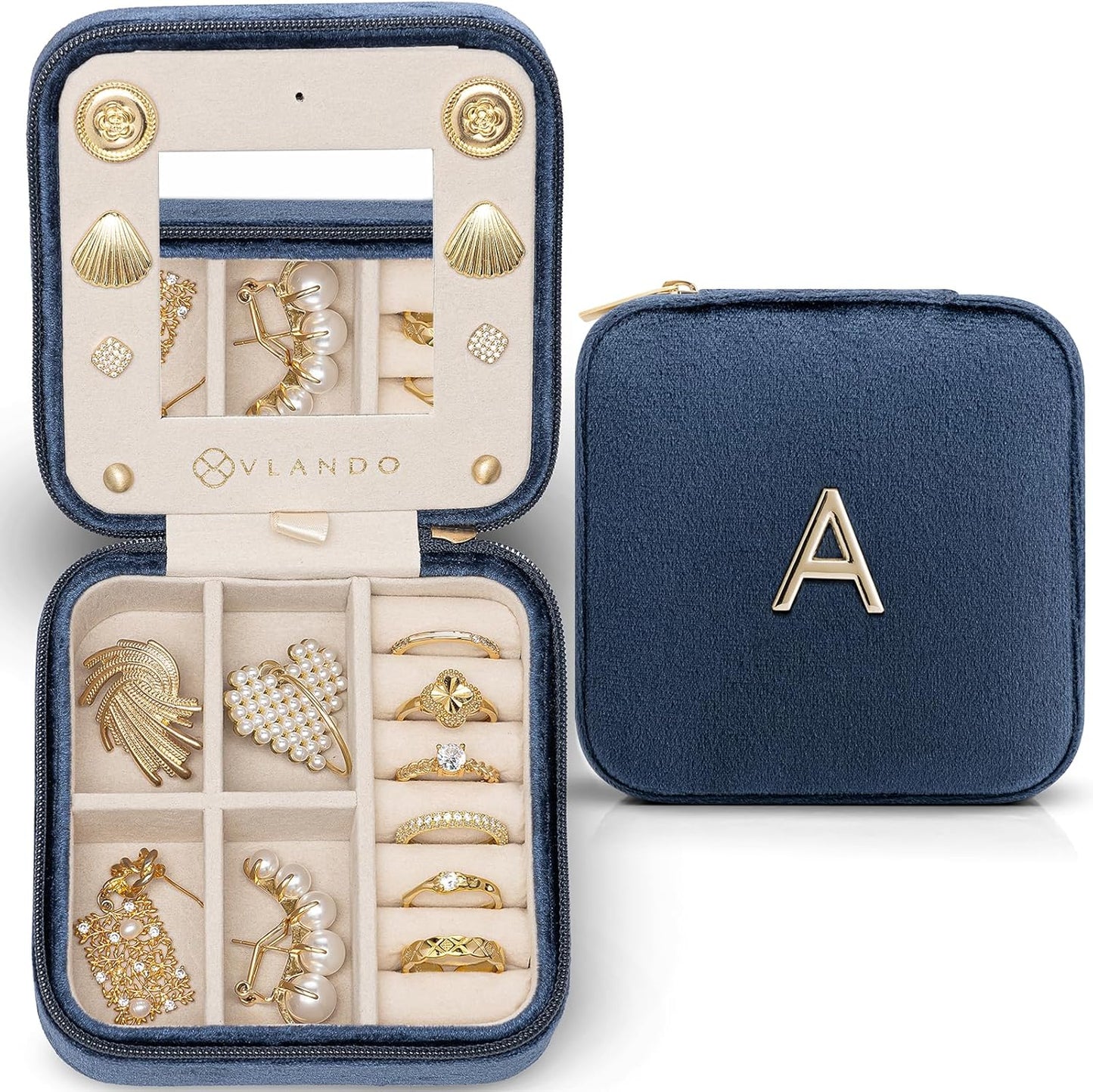 Vlando Travel Gifts 2025, Travel Jewelry Case for Girl Women, A Initial Jewelry Case, Mini Jewelry Travel Organizer Travel Essentials Gifts for Friend Teen Girls - Letter A, Dark Blue