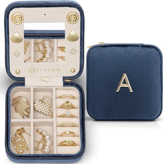 Vlando Travel Gifts 2025, Travel Jewelry Case for Girl Women, A Initial Jewelry Case, Mini Jewelry Travel Organizer Travel Essentials Gifts for Friend Teen Girls - Letter A, Dark Blue
