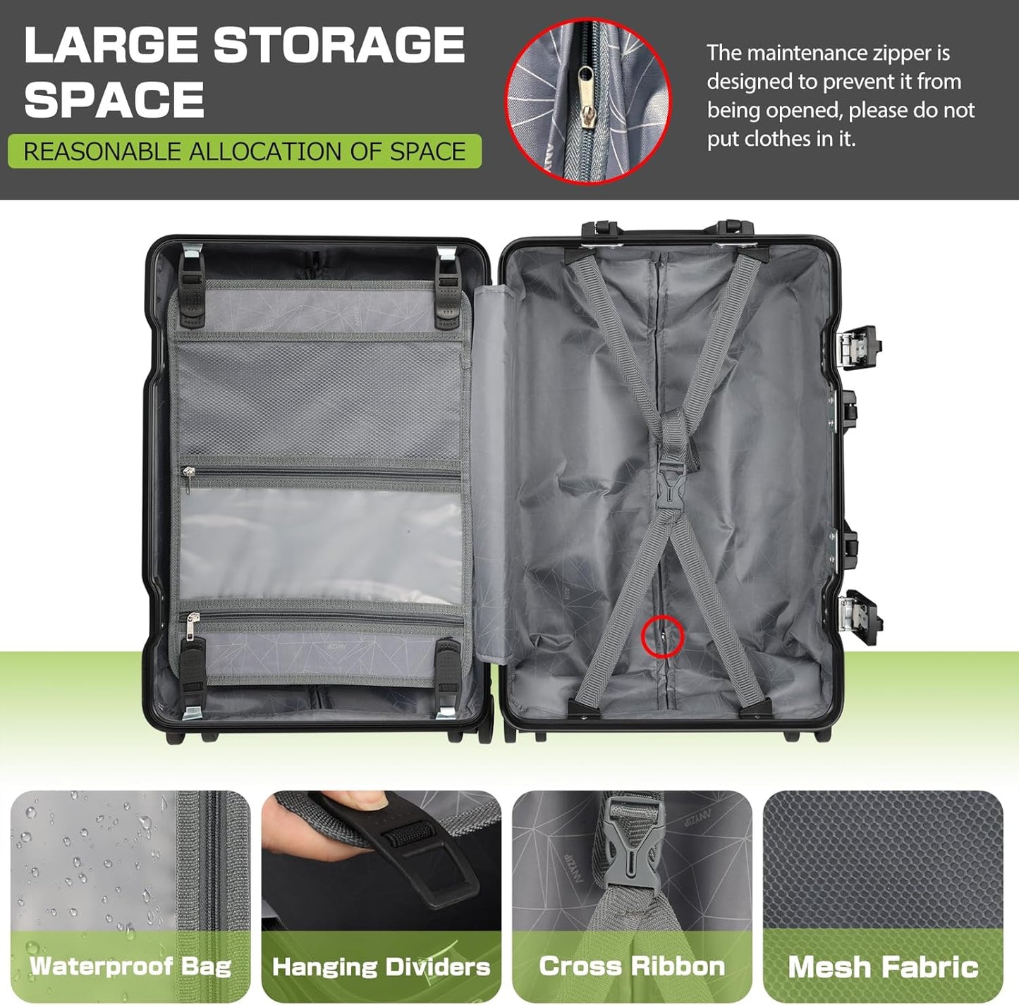 AnyZip Luggage Aluminium Frame Suitcase Hard Shell TSA Lock No Zipper 28In Black