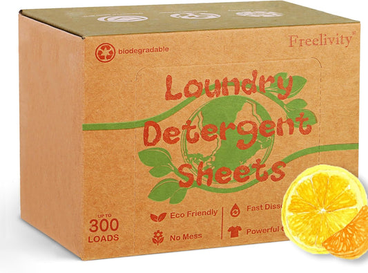 Freelivity Laundry Detergent Sheets, 300 Sheets Lemon Orange - Eco-Friendly Hypoallergenic Plastic-Free LiquidLess Clothes Washing Detergent Supplies for Save Space Travel Camping