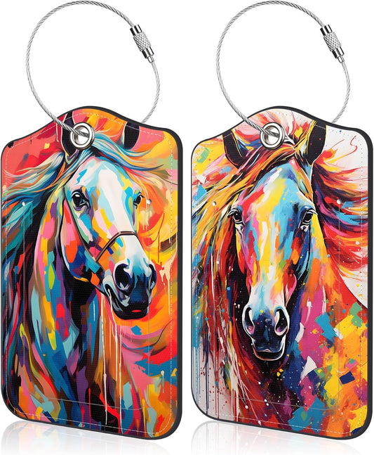 Set of 2 Luggage Tags for Suitcase Abstract Horse Leather Baggage Tags Set with Stainless Steel Loop Name Address Labels Privacy Cover for Men Women Travel Bag Suitcase, 4.6 x 2.7 inch