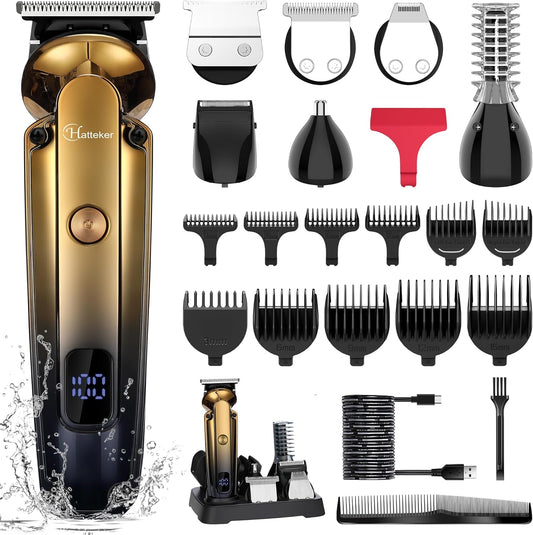Hatteker Men's Beard Trimmer Kit Electric Razor Shaver Professional Hair Clipper with Zero Gapped T-Blade Nose Ear Beard Body Trimmer for Men Waterproof Cordless Grooming Kit 6 in 1