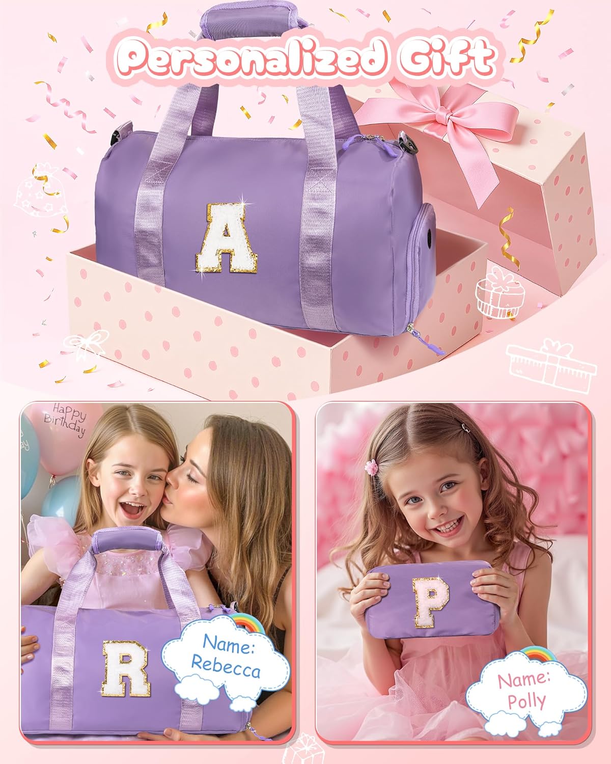 Graduation Gifts for Girls-Girl Gym Bag with Shoe Compartment, Kid Personalized Weekender Overnight Bags, Initial Travel Tote with Makeup Pouch, Gift Ideas for Niece Sister (Letter W)