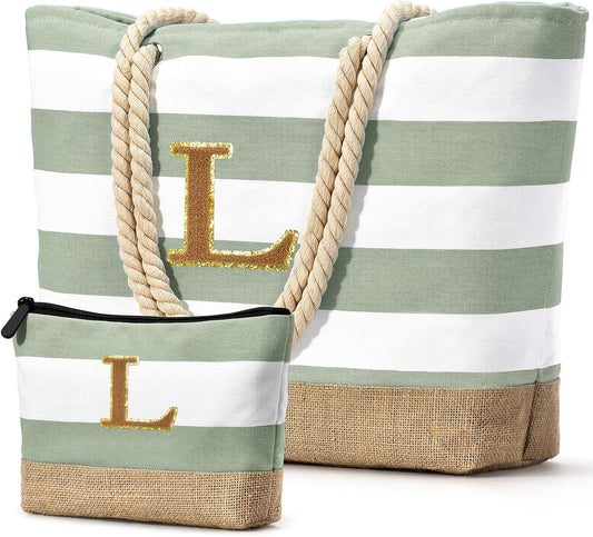 Becokan Beach Bag Initial Beach Tote with Makeup Bag for Travel Work Storage Personalized Birthday Gifts for Women Her