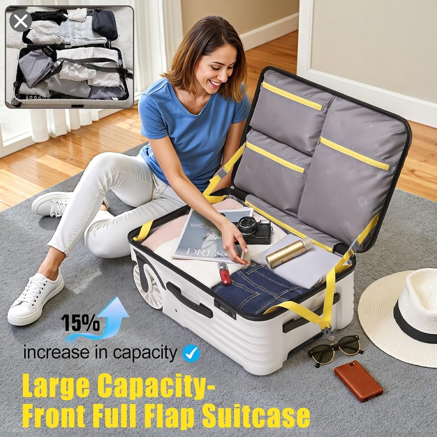 Extra Large Wheels 80L Luggage Hard Shell Suitcase Top Opening Hardside Travel Checked Luggage with TSA Lock (White, 25-Inch)