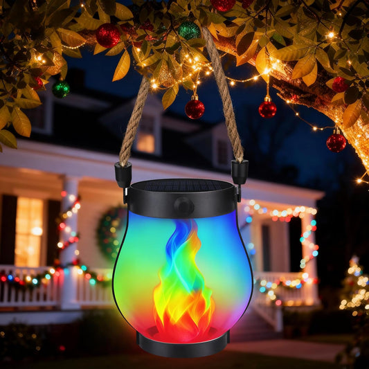 Halloween Solar Flame Lantern Hanging Outdoor Waterproof Purple - 2 Pack Flame Lanterns with Dual Charging Modes of Solar & USB for Garden or Yard Halloween Decorations (Multicolor - 1 Pack)