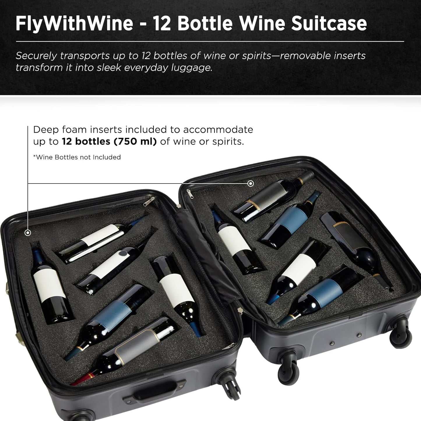 FlyWithWine® by VinGardeValise 12-Bottle Hard Shell Wine Suitcase with Hinomoto 360° Spinner Wheels – TSA Approved Wine Luggage with Removable Foam Insert and 18 Wine Accessories