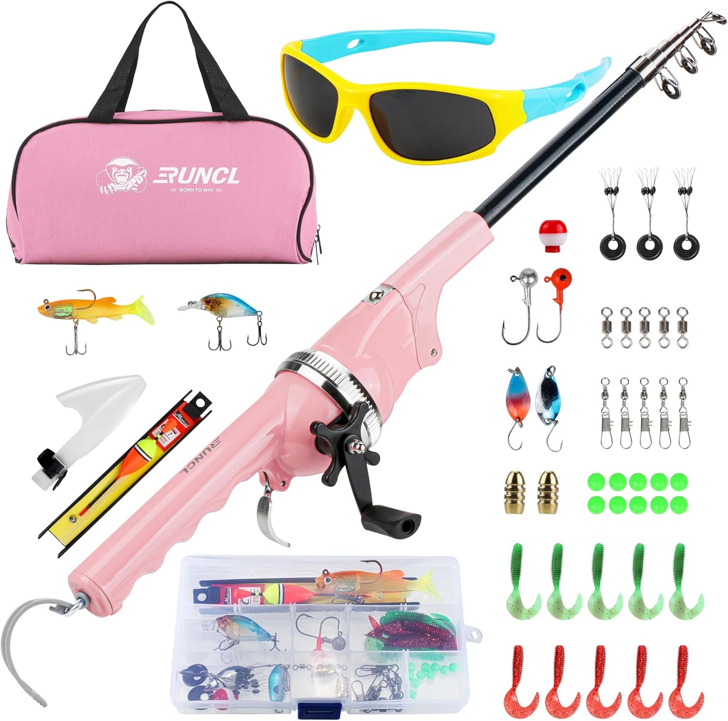 RUNCL Kids Fishing Pole - Portable Folding Fishing Rod and Reel Combo Kit with Spincast Fishing Reel, Kids Sunglasses, Tackle Box, Travel Bag, Gift for Youth