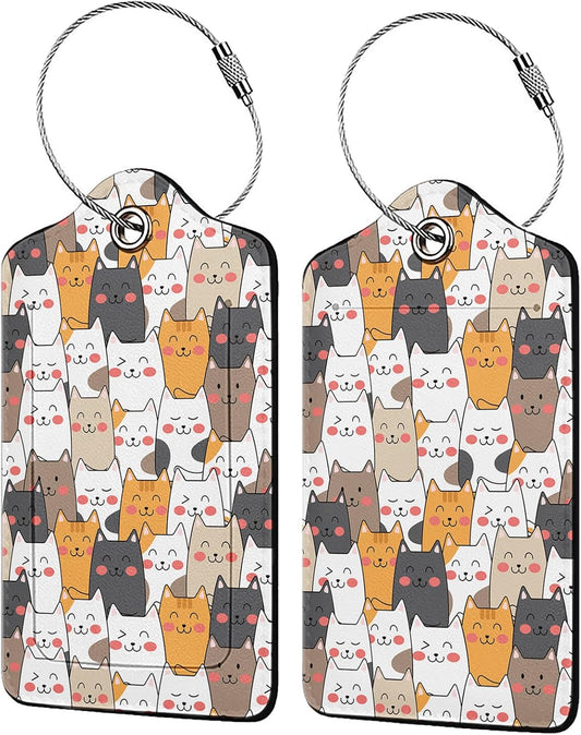 Stacked Cats Luggage Tags for Suitcases,2 Pack Luggage Tag, Leather Stainless Steel Loop Label Tag for Women Girl Travel Bag Suitcase