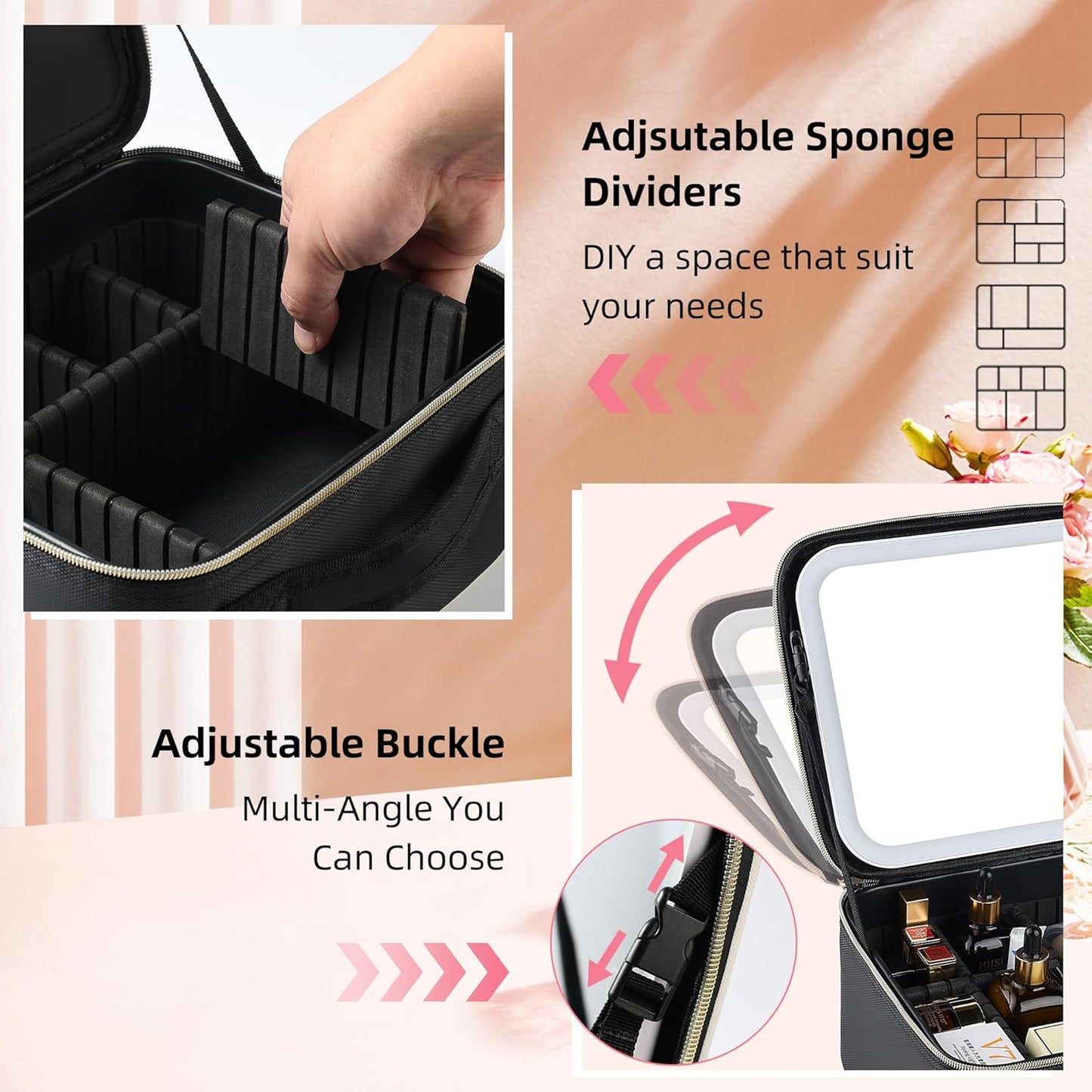 Travel Makeup Bag with LED Mirror – Waterproof Cosmetic Train Case with Adjustable Dividers, Portable Makeup Organizer and Toiletry Bag for Women, Teens & Girls Gift, White