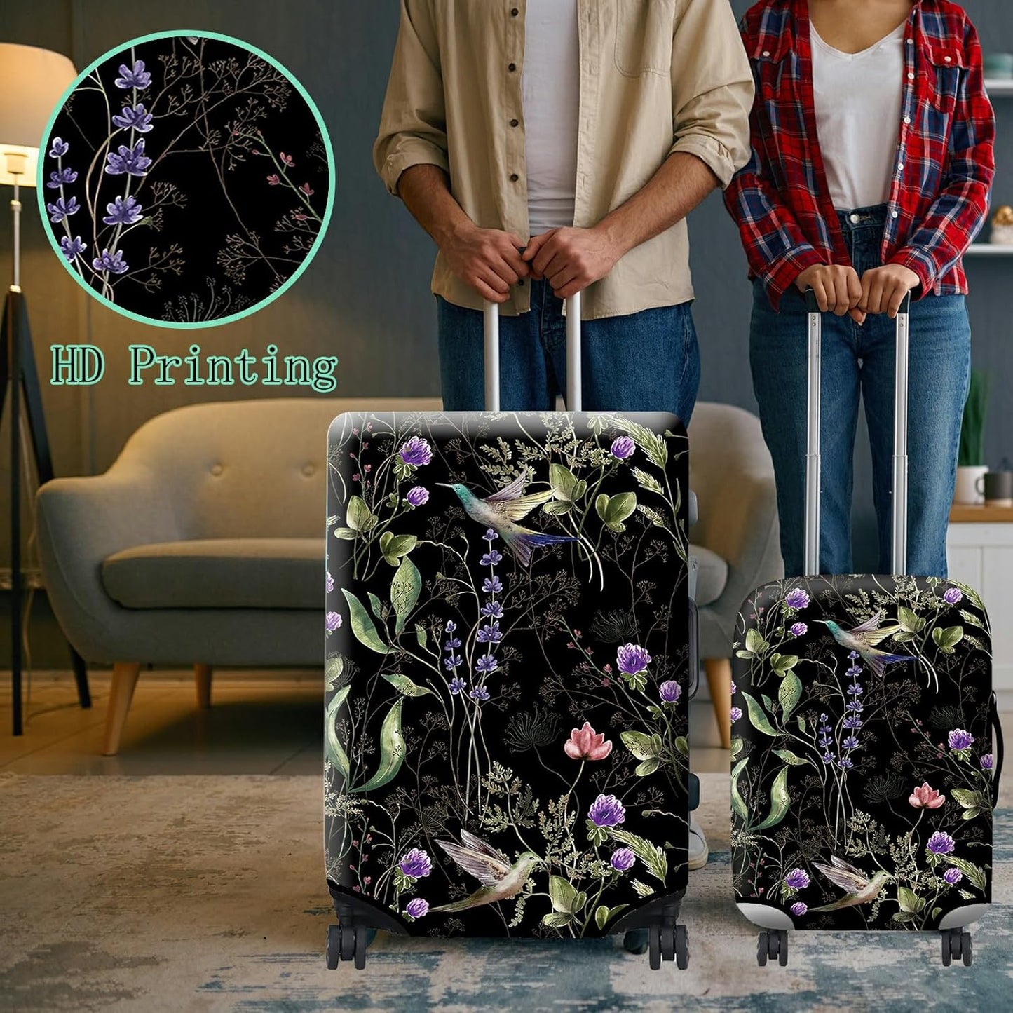 Luggage Cover Suitcase Protector + Luggage Tag, Wild Flowers Hummingbird Travel Suitcase Cover for 22-24 inch Luggage (M) with Concealed Zipper Washable Elastic Cloth Dustproof Anti-Scratch