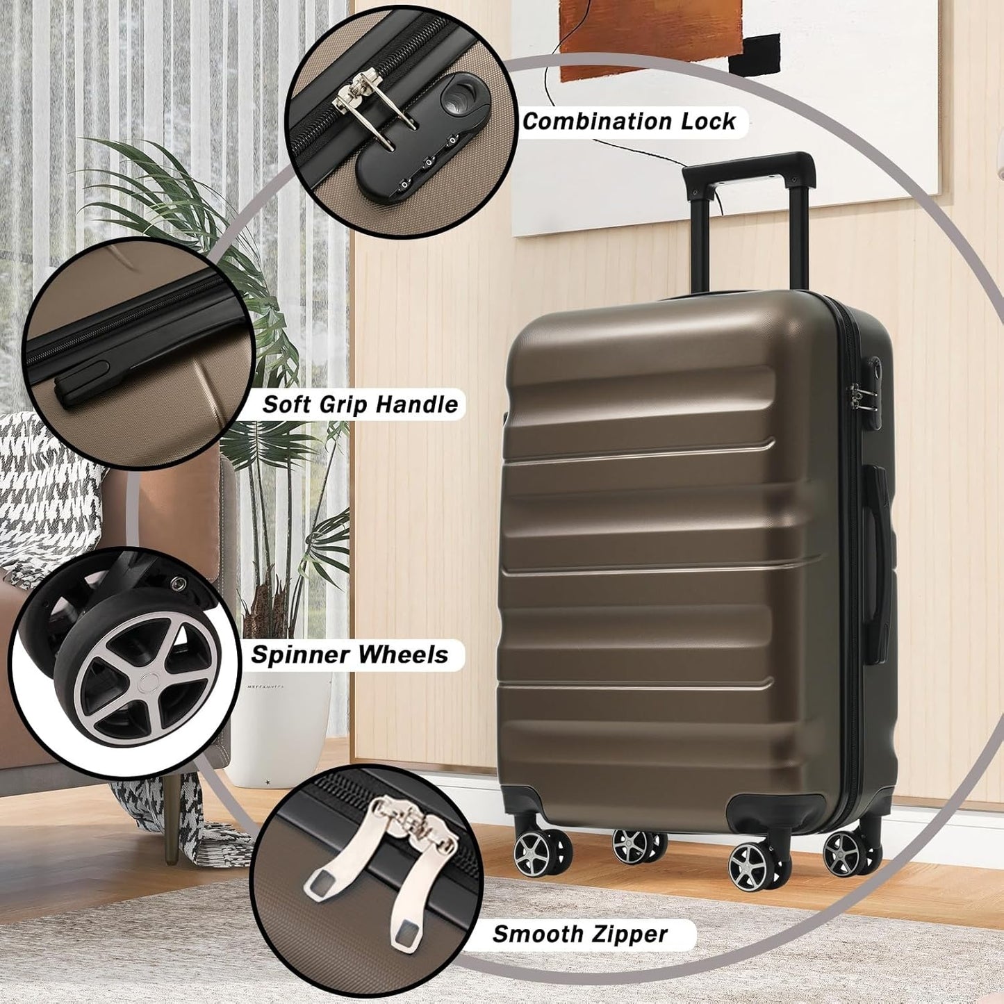 Merax 24 Inch Luggage Set Hardshell ABS Suitcase with Spinner Wheels 2 Packing Cubes Durable Travel Checked Luggage for Weekend Getaways Long Vacations Brown