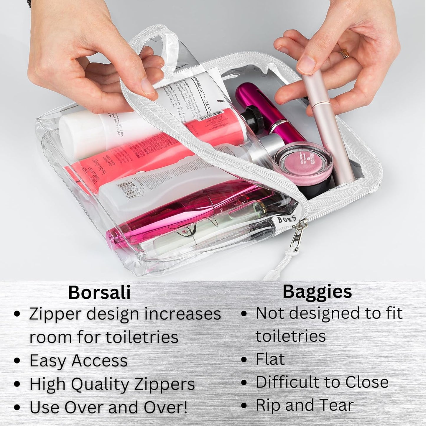 BORSALI TSA Approved Toiletry Bag - Clear Quart Size for 3-1-1 Carry On Travel - Makeup Organizer Cosmetic Pouch with Zipper - Travel Accessories - Set of 3