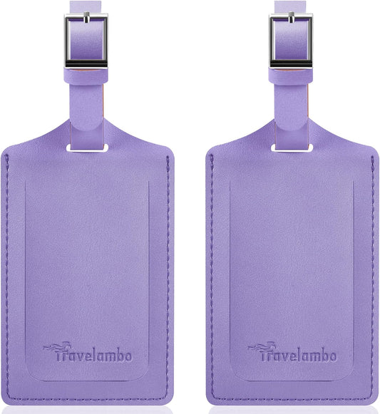 Travelambo Luggage Tags for Suitcases Faux Leather Privacy Protection 2 Pack Bag Tags Travel Accessories Essential, Classic Purple