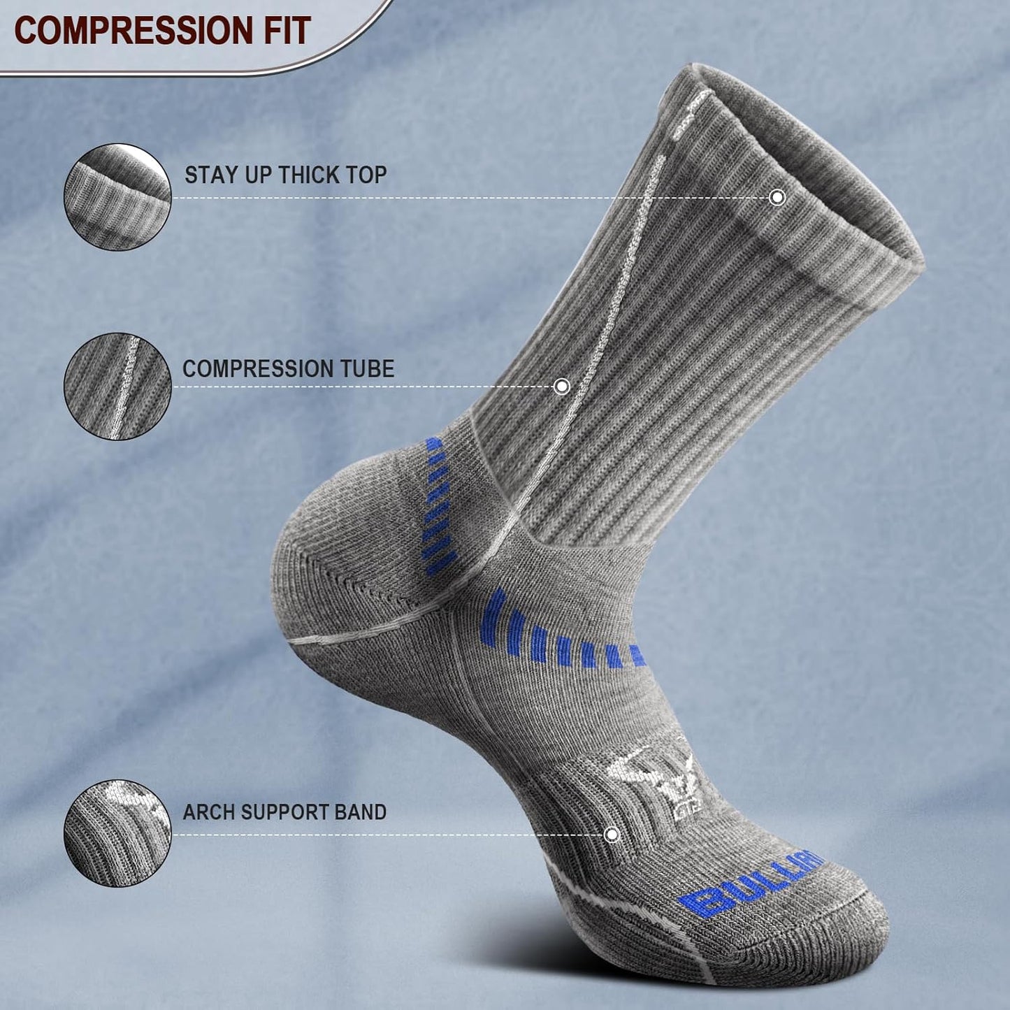 BULLIANT Compression Socks for Men 6Pairs, Athletic Crew Socks Cushioned For Men Sports Running-Arch Support
