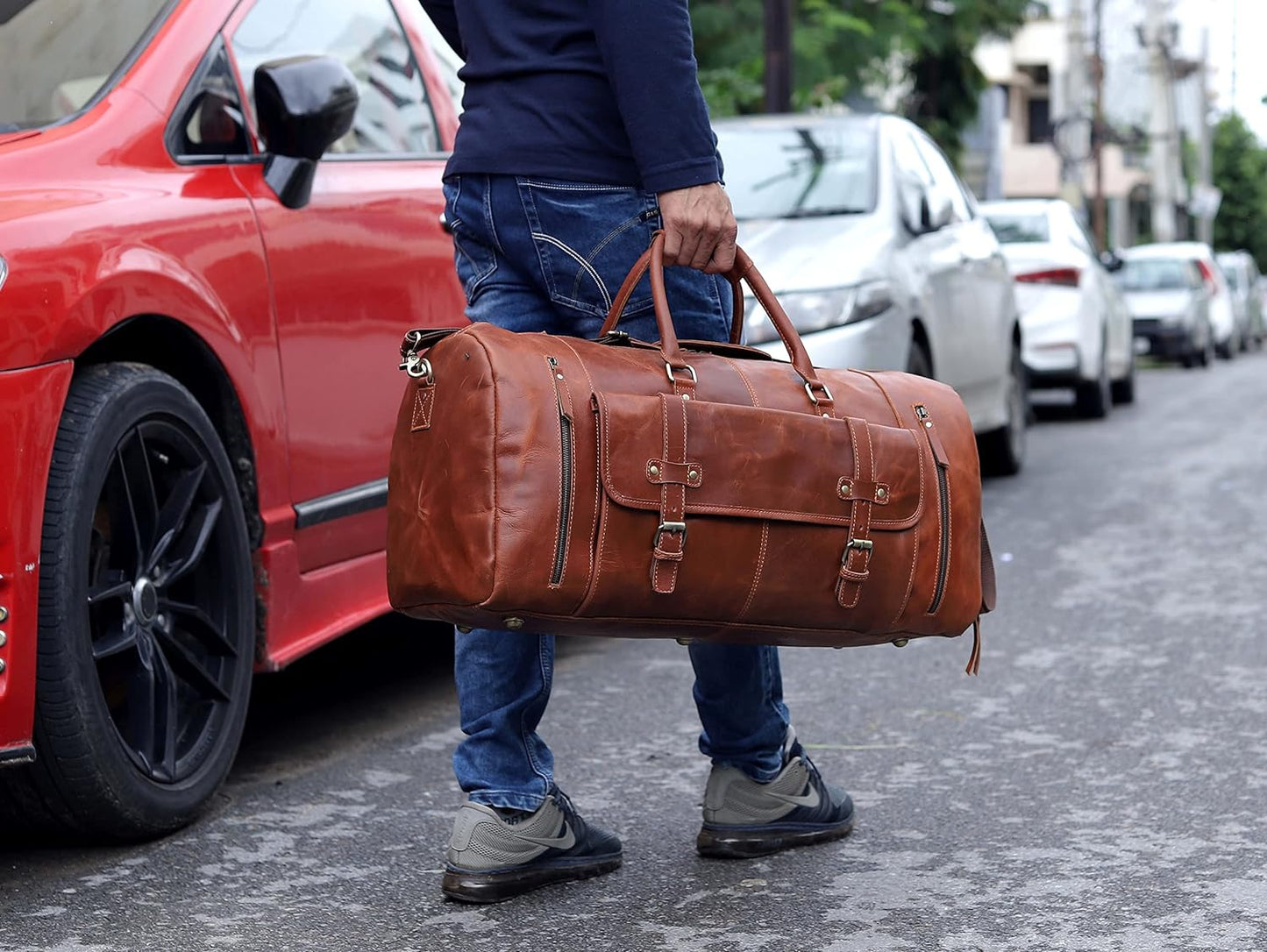 24 Inch Leather Duffle Bags for Men Large Full-Grain Buffalo Leather Overnight Gym Bag, Luggage Weekend Travel Bag for Men & Women, Carry On Airplane Cabin Bag with Shoe Compartment