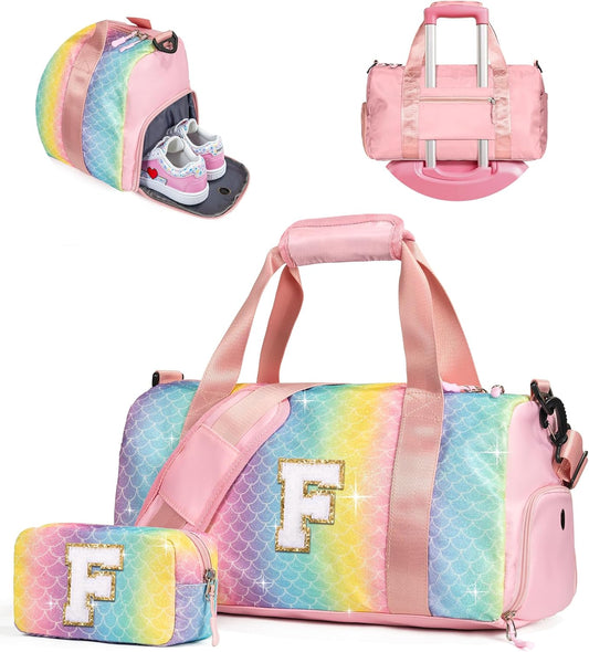 Dorm Room Essentials for Girls-Girl Gym Bag with Shoe Compartment, Kid Personalized Weekender Overnight Bags, Initial Travel Tote with Makeup Pouch, Preppy Stuff Gifts for Kids (Letter F)