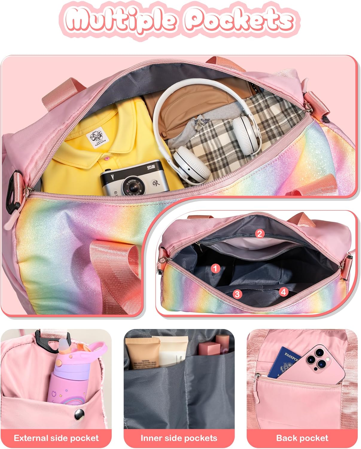 Birthday Gifts for Granddaughter-Girl Gym Bag with Shoe Compartment, Kid Personalized Weekender Overnight Bags, Initial Travel Tote with Makeup Pouch Valentine's Day Gift for Kids (Letter I)