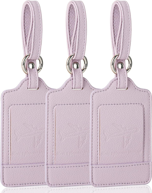 Teskyer Luggage Tags, 3 Pack Premium PU Leather Luggage Tags for Suitcases, Privacy Protection Travel Bag Tags, Lichee Lilac