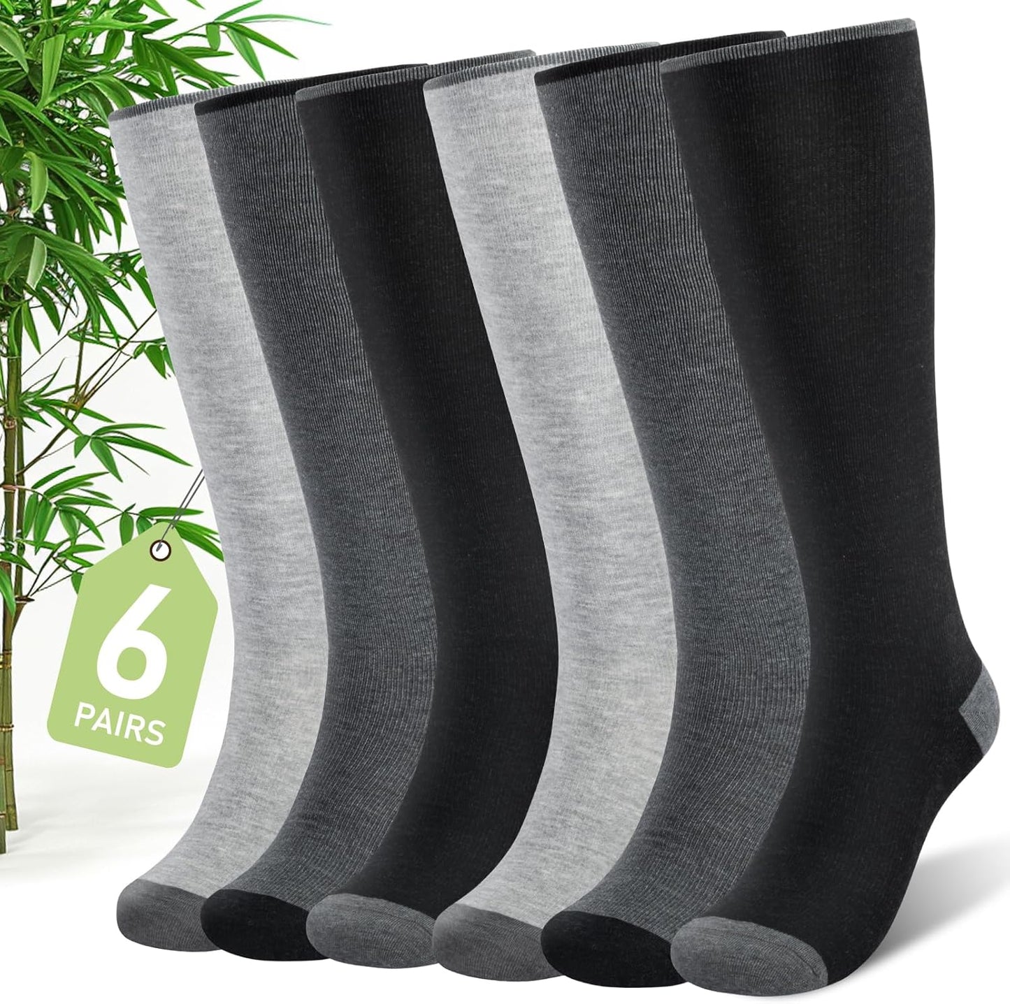 Bamboo Viscose Compression Socks for Women & Men (6 Pairs) 20-30 mmHg Knee High Support for Nurses Travel Pregnant