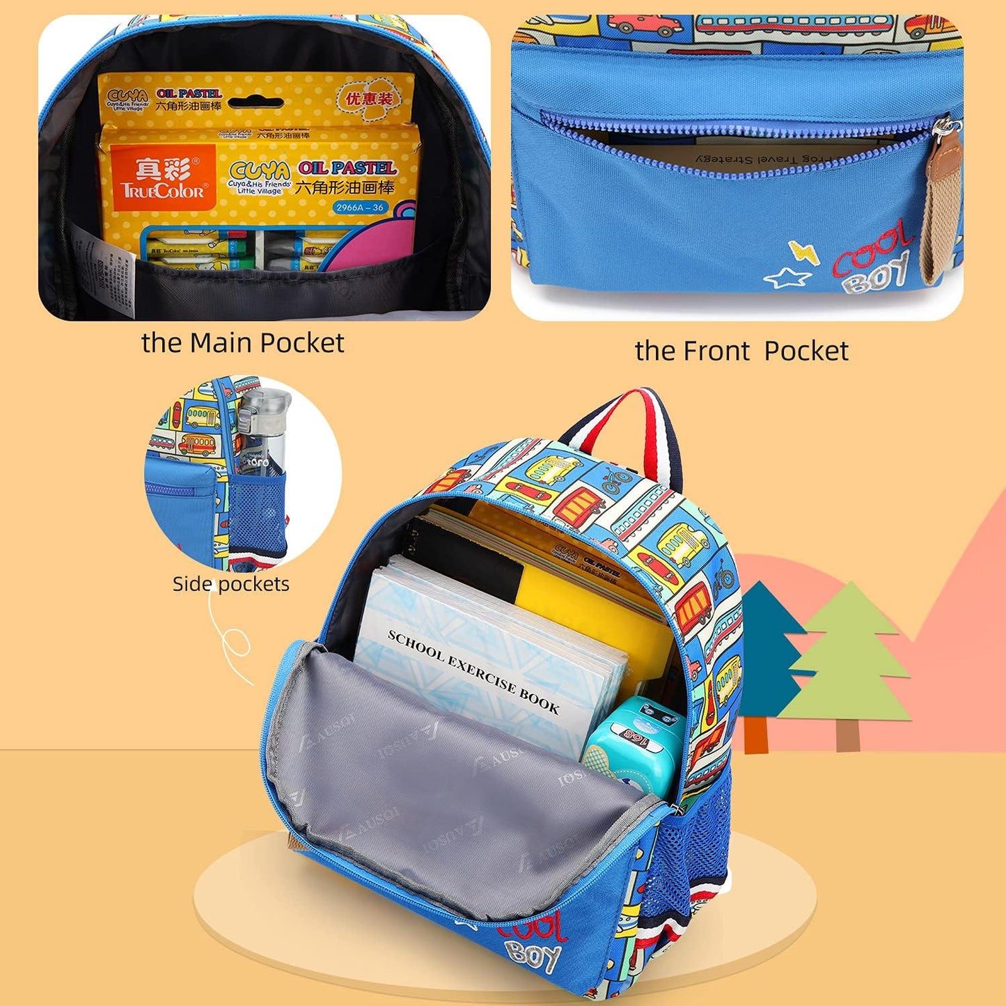 willikiva Cartoon Bus 12 Kindergarten Backpack for Kids Girls and Boys,Waterproof Preschool Toddler Backpack Wiht Leash and Safety Harness (Car)