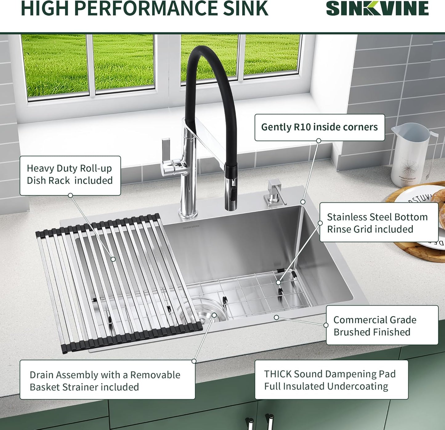 22 Inch Drop-In Kitchen Sink, SINKVINE 22" x 18" Stainless Steel Indoor and Outdoor Sink, Top Mount Deep Single Bowl Sink for Laundry, Wet Bar, RV, w/Drain Strainer, Bottom Grid, Roll-up Drying Unit