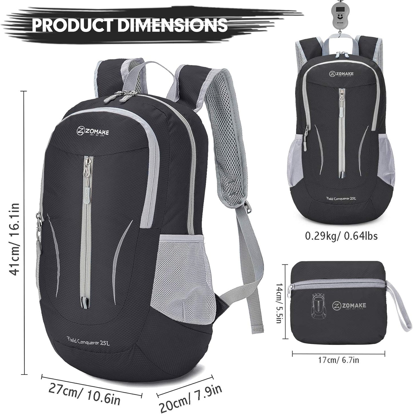 ZOMAKE Ultra Lightweight Packable Backpack 25L, Foldable Hiking Backpacks Water Resistant Small Folding Daypack for Travel(Black)