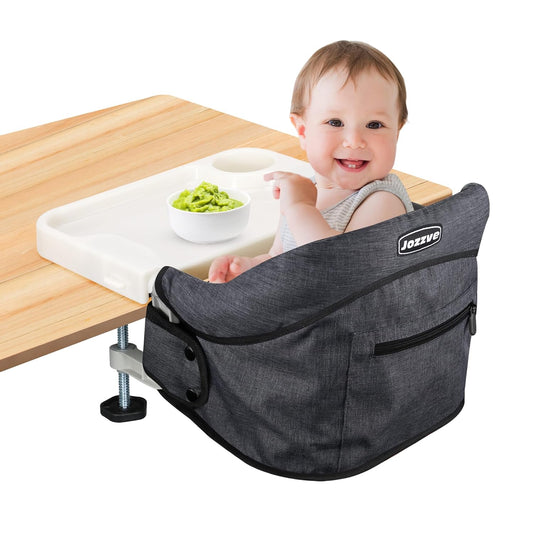 Hook On High Chair, Jozzve Clip on High Chair with Removable Dining Tray for Babies and Toddlers, Fold-Flat Storage Portable Baby Feeding Seat, Attach to Fast Table Chair for Home Travel (Black)