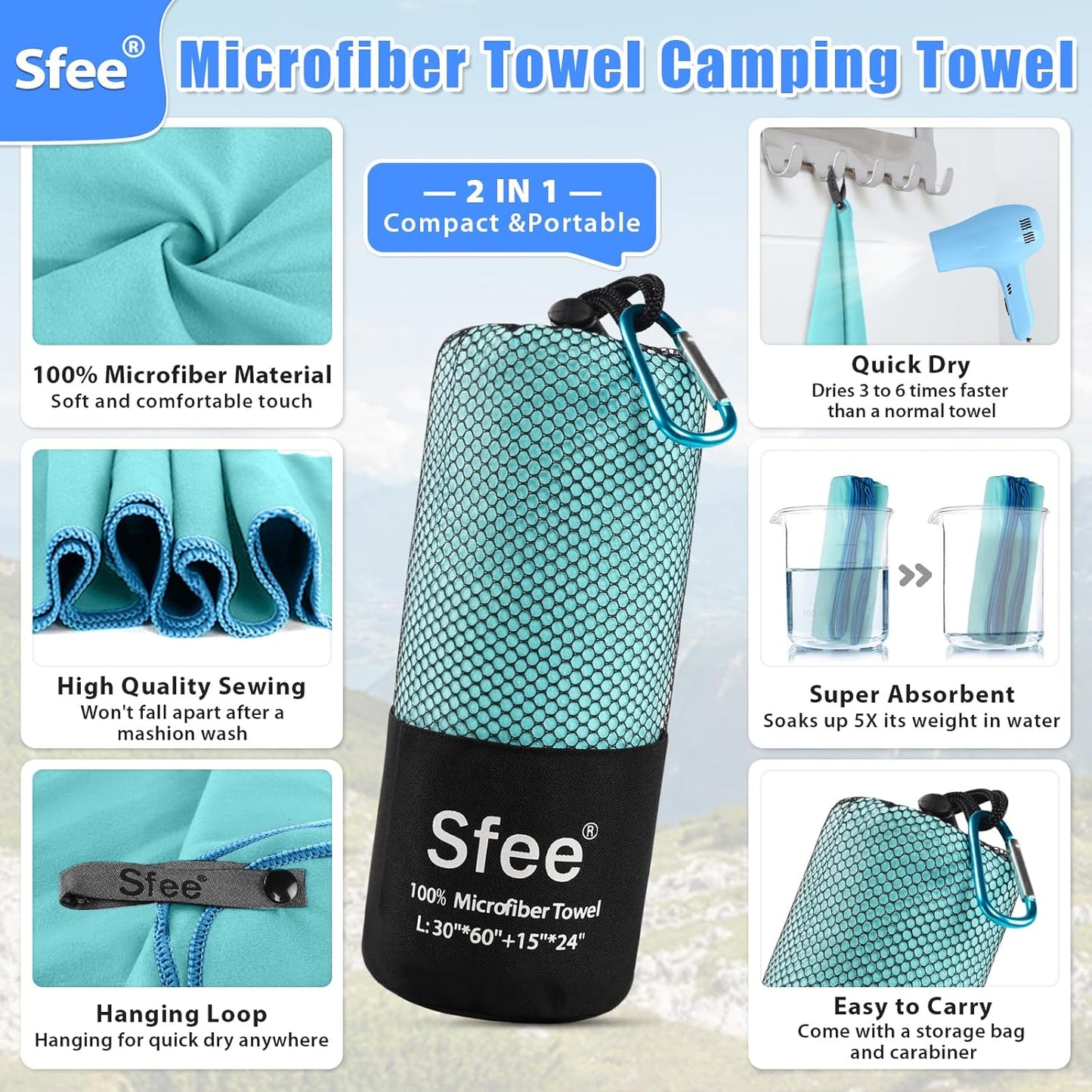 Sfee 2 Pack Microfiber Travel Towel, Quick Dry Towel Camping Towel Super Absorbent Compact Lightweight Sports Gym Towel Beach Towels Set for Gym, Hiking, Pool, Backpacking, Bath, Yoga