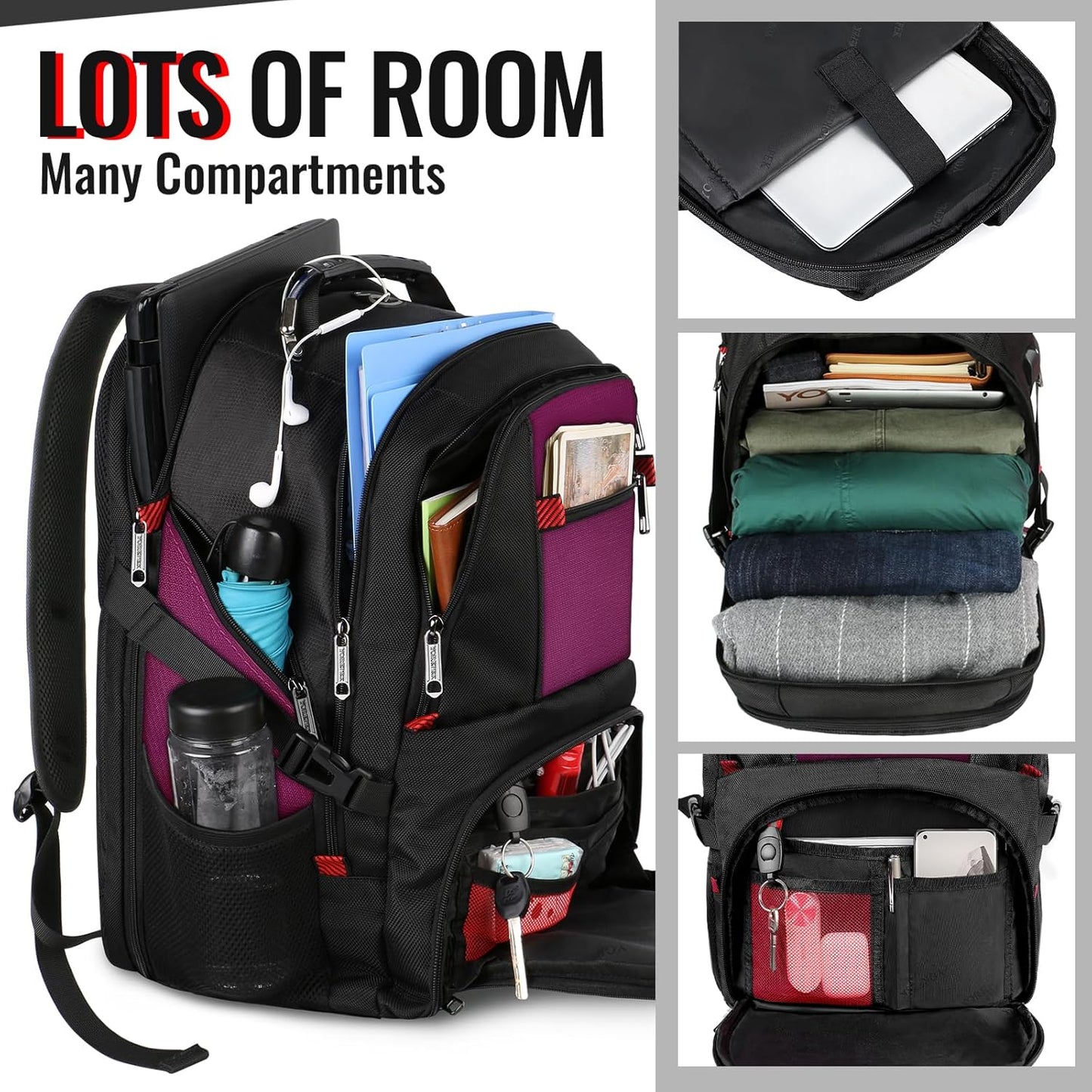 YOREPEK 18.4 Laptop Backpack, Large Backpacks Fit Most 18 Inch Laptop with USB Charger Port, TSA Friendly Flight Approved Weekend Carry on Backpack with Luggage Strap for Men and Women, Purple