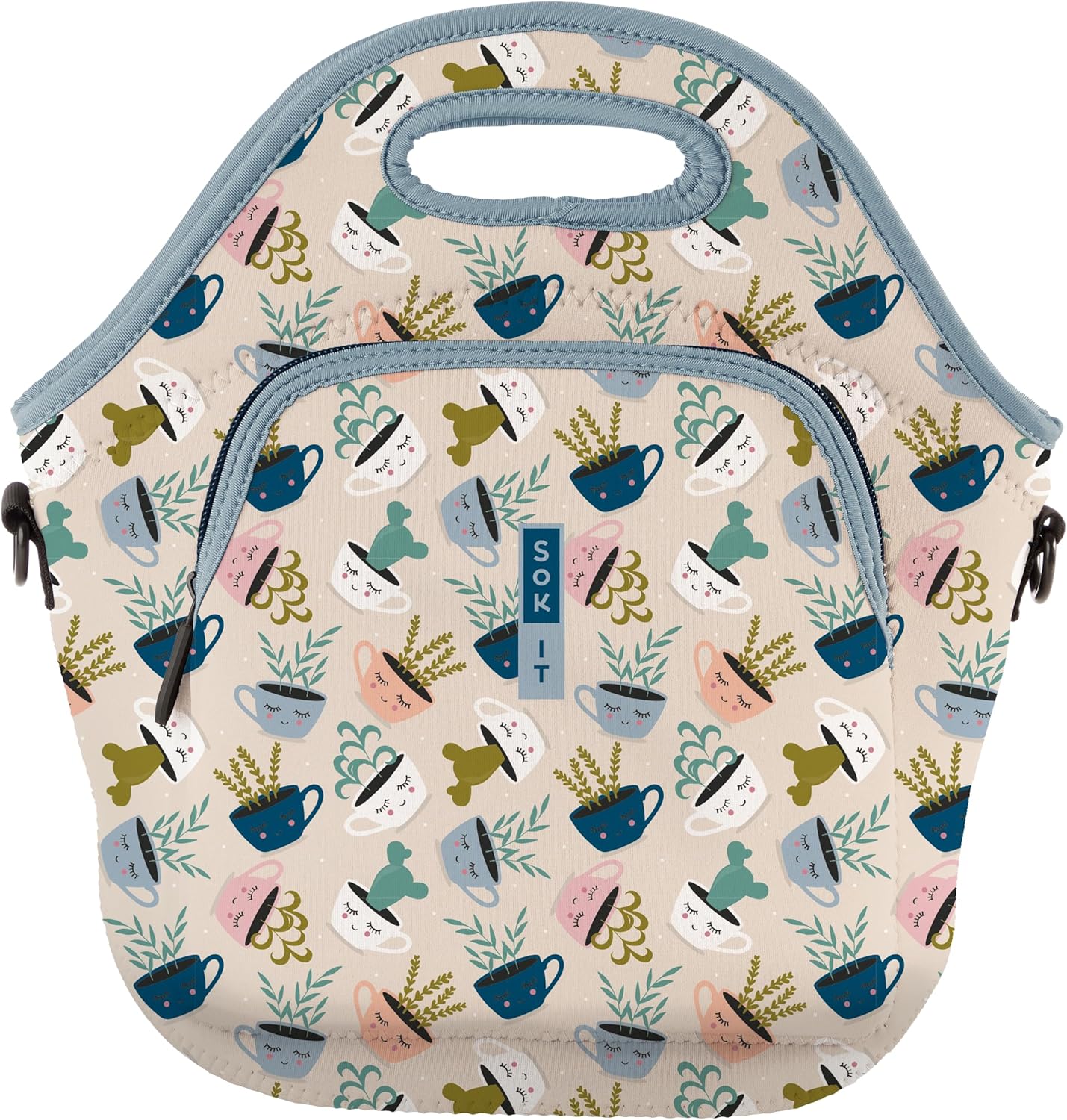 Sok It LunchTote Zippered Bag Insulated Neoprene Caddy (Botanical Teacups, X-Large 6.5 Quart Lunch Tote)