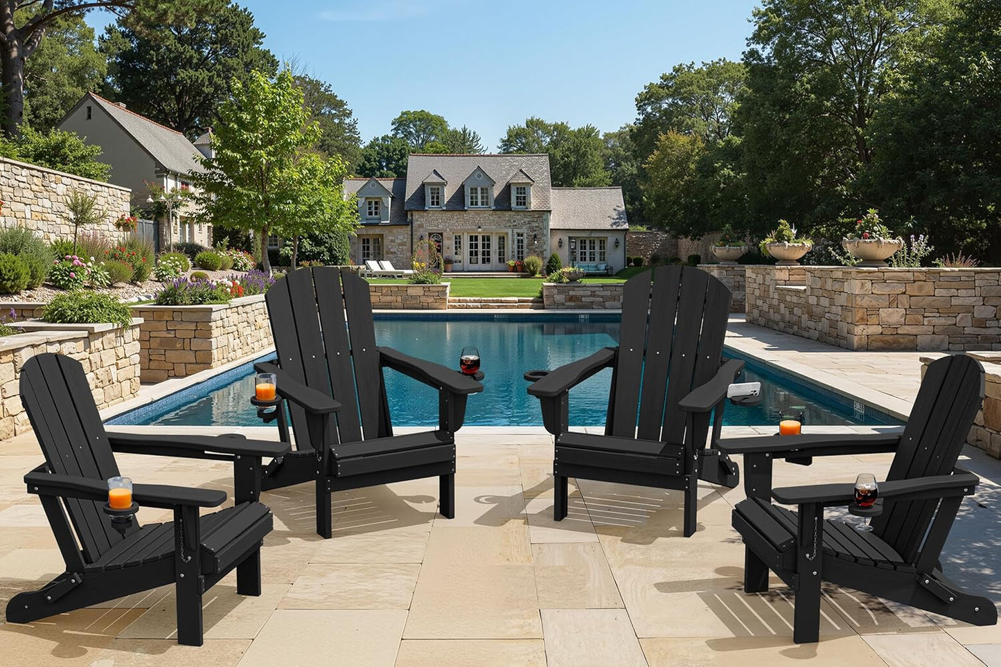 SERWALL Folding Adirondack Chair, Dual Cup Holders & All-Weather HDPE, Wood-Like Patio Chair for Backyard, Camping，Pool & Fire Pit- Black