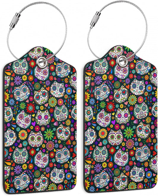 Sugar Skull Cat 2 Pack Luggage Tag for Suitcases Day of The Dead PU Leather Bag Travel Suitcase ID Identifier Baggage Tags for Women Men Travel
