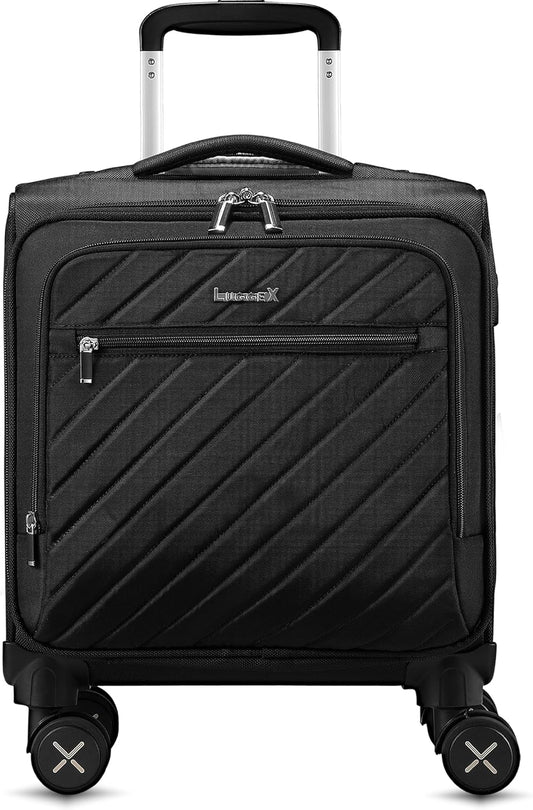 LUGGEX Carry On Luggage with Spinner Wheels - Stylish Lightweight UnderSeat Luggage - Soft Sided Small Suitcase with Front Open Design for Travel, Business (Black, 15 Inch)