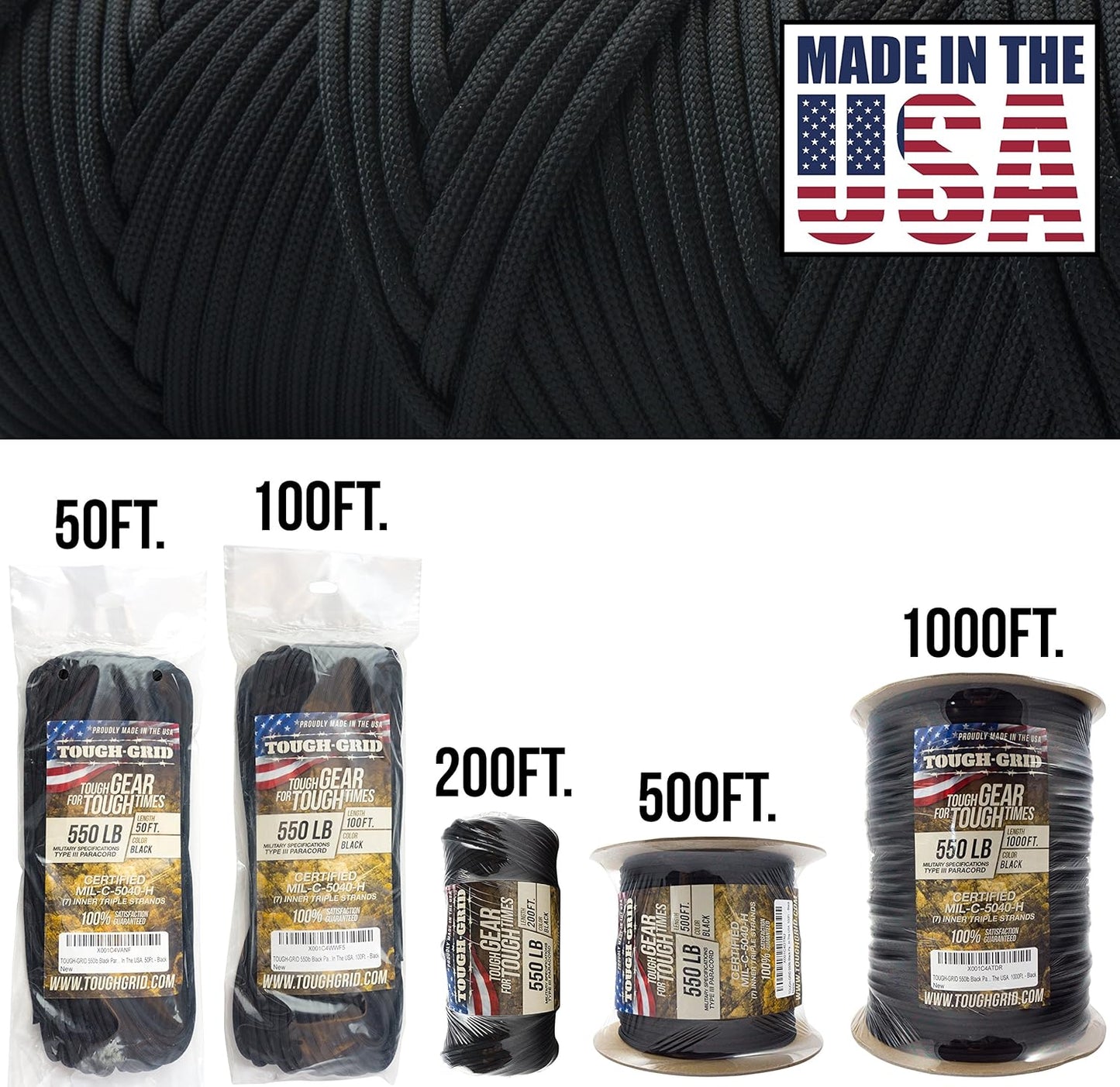 TOUGH-GRID 550 Paracord Rope Nylon Parachute Cord, Made in USA Survival Kit, Outdoor Adventures, Camping, Tactical Gear & Emergency Supplies, Military Type III Mil-Spec