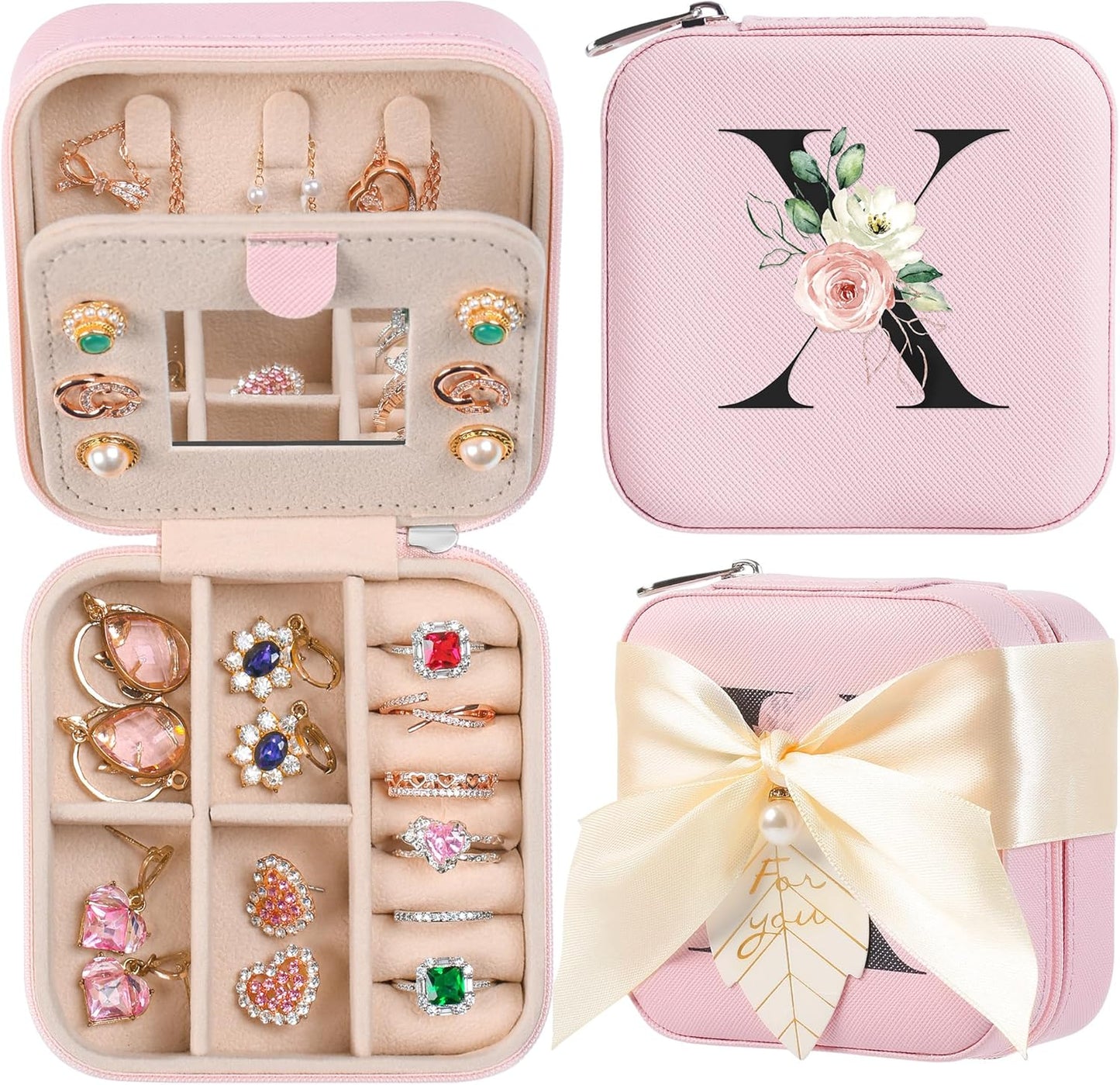 AYGXU Travel Jewelry Box for Women and Girls - Small Case With Initial A-Z - Teacher Gifts