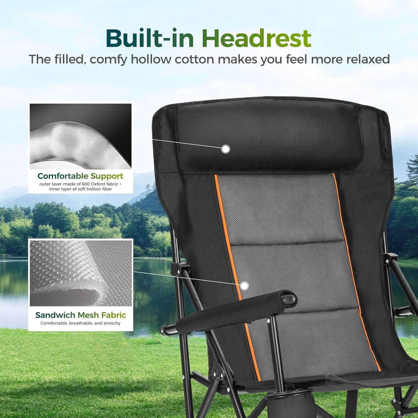 ALPHA CAMP Oversized Folding Camping Chairs for Adults High Backrest Heavy Duty Lawn Chairs Support 500 LBS Portable Camp Chairs with Cup Holders Large Side Pocket Outdoor Chair 2 Pack