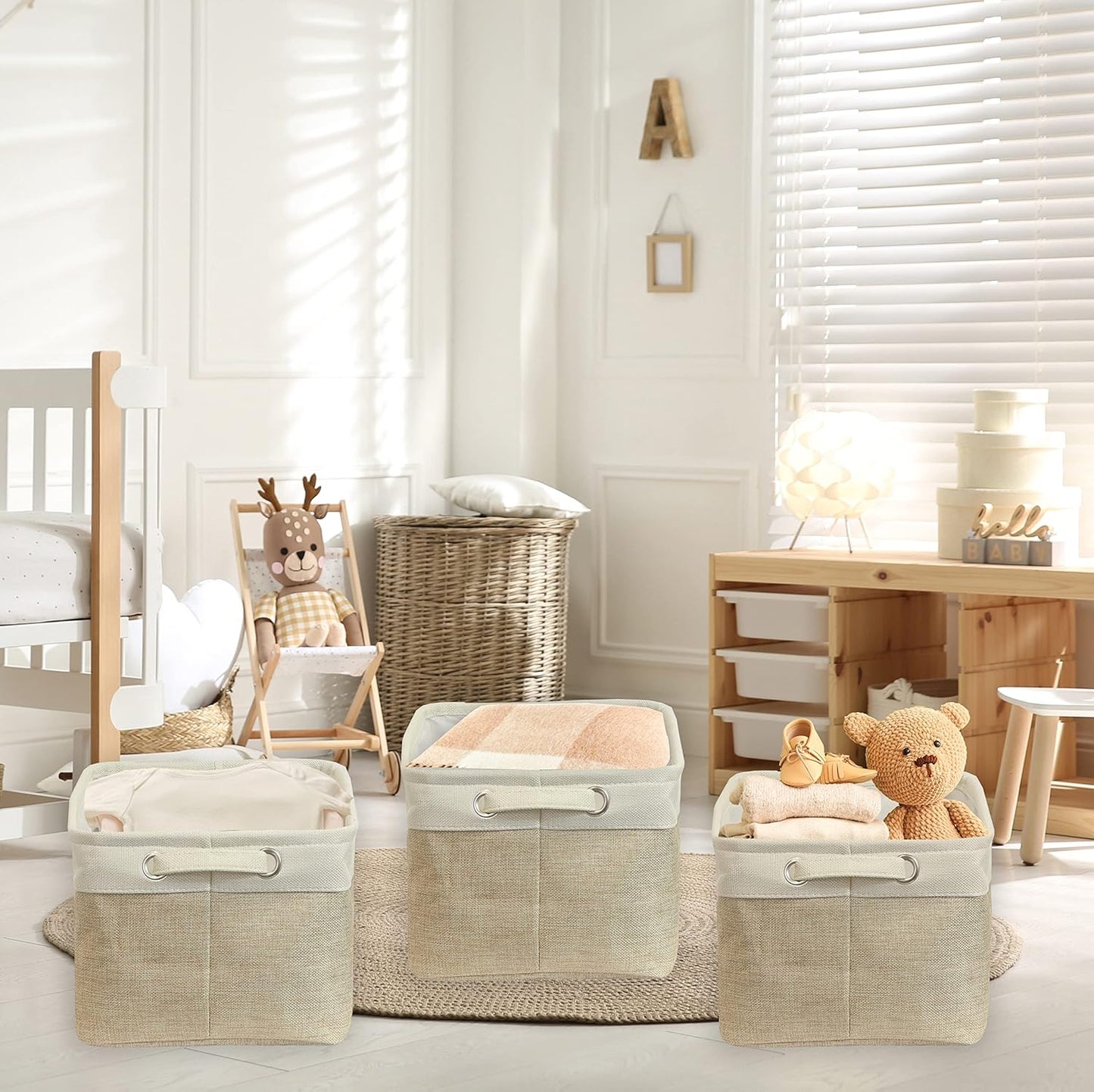 Simple Houseware 14.4" x 10" Fabric Storage Bin with Handles, 3-Pack, Foldable Organizer for Closet and Shelf, Beige