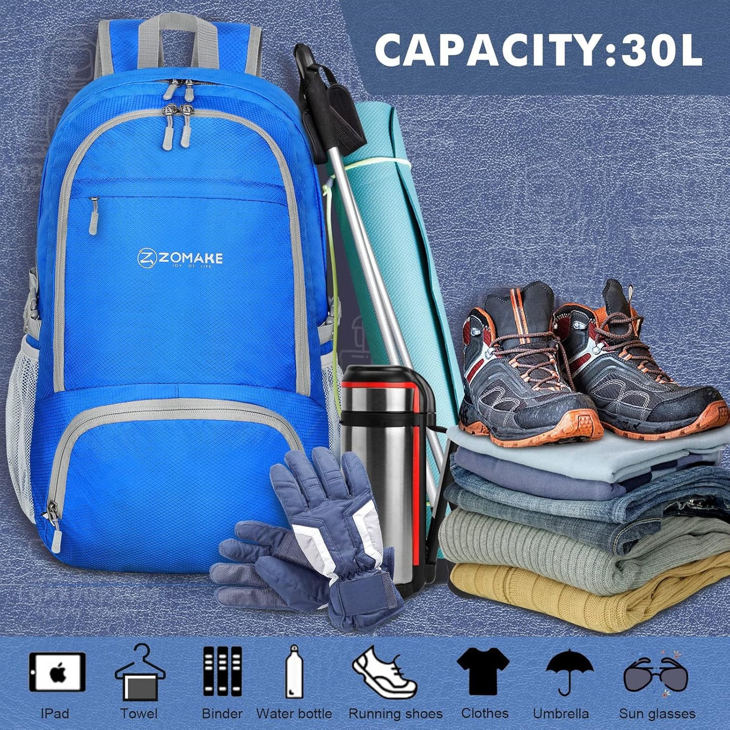 ZOMAKE Lightweight Packable Backpack 30L, Foldable Hiking Backpacks Water Resistant Compact Folding Daypack for Travel(Dark Blue)