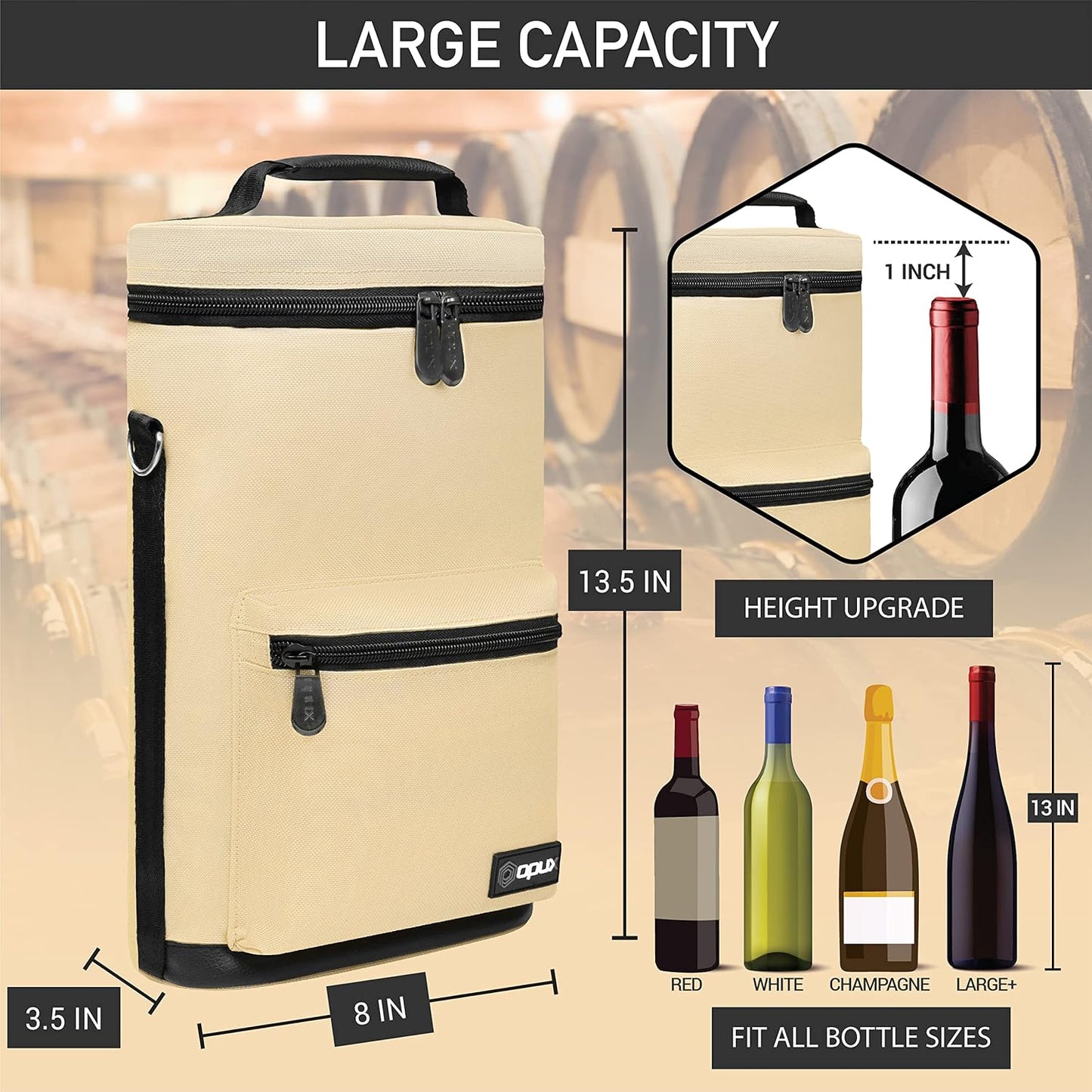 opux Wine Bag 2 Bottle Wine Tote Carrier, Insulated Wine Cooler Bag for Travel Picnic, Leakproof Portable Bottle Padded Case, Wine Gifts For Women Men Wine Lovers Christmas, Cream Beige