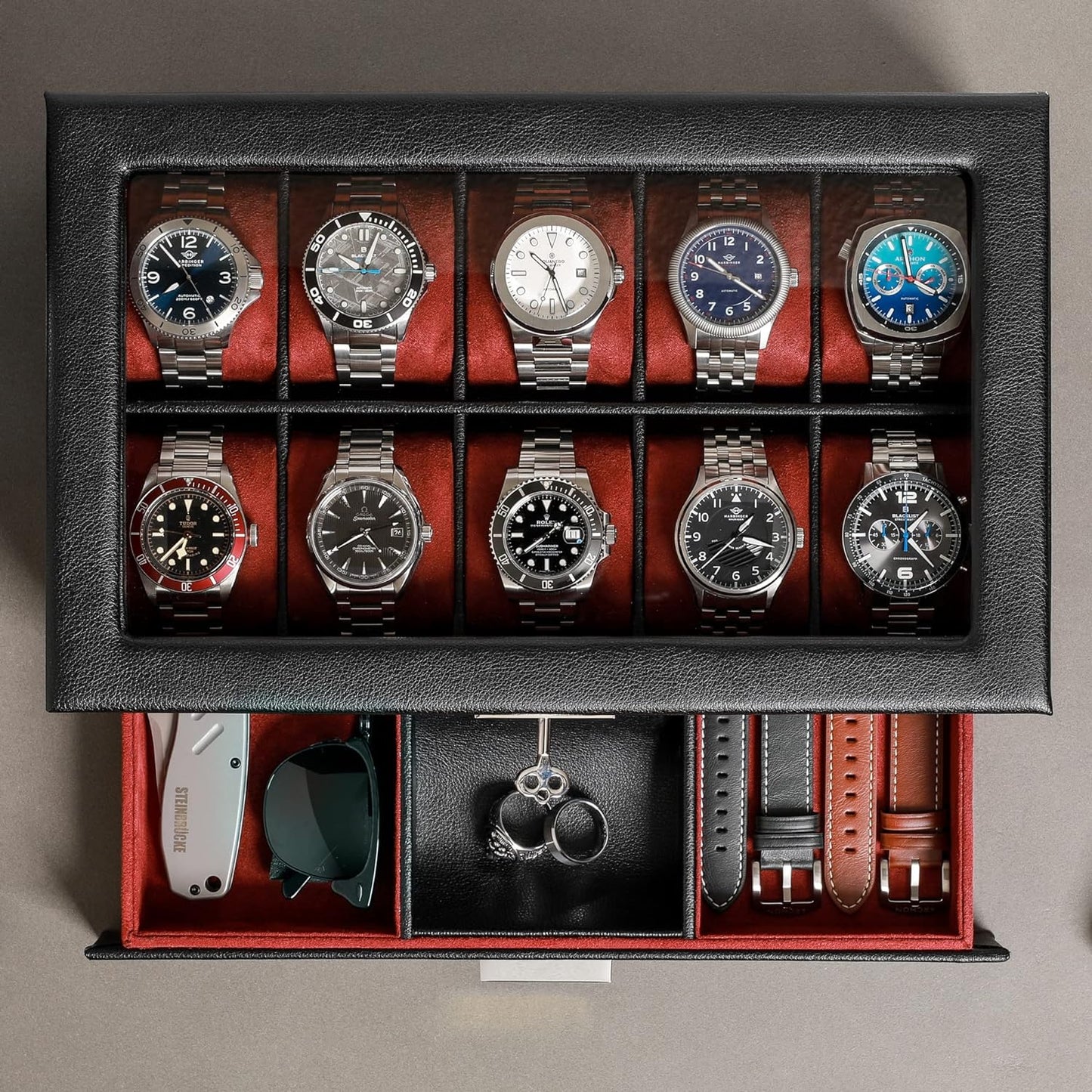 ROTHWELL 10-Slot Watch Box in Leather with Valet Drawer, Luxury Watch Case Display Organizer with Ultra Soft Microsuede Liner, Jewelry and Sunglass Holder With Large Glass top (Black/Red)