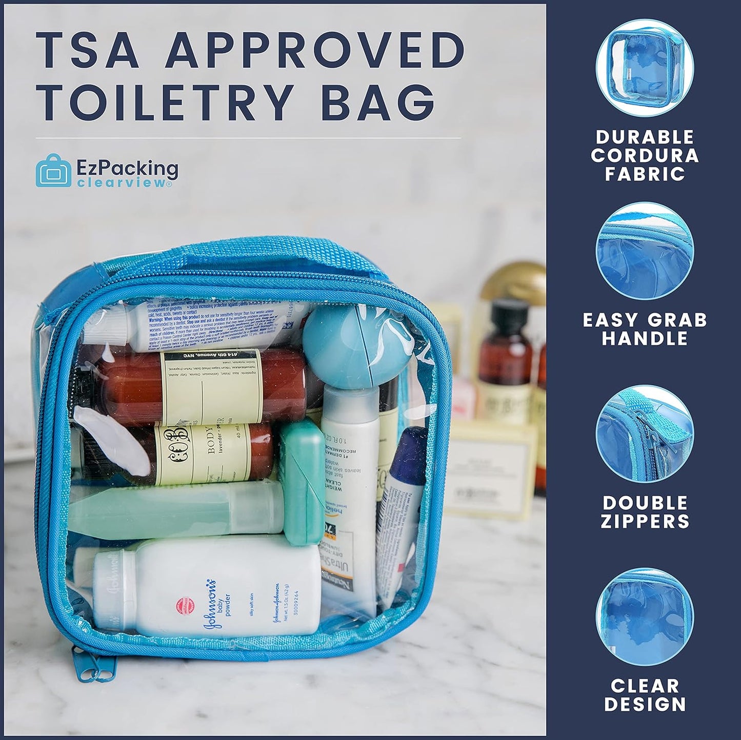 EzPacking Clear TSA Approved 3-1-1 Travel Toiletry Bag for Carry On/Quart Size Transparent Liquids Pouch for Airport Security/Reusable See Through Vinyl & PVC Plastic Organizer Men Women (Purple)